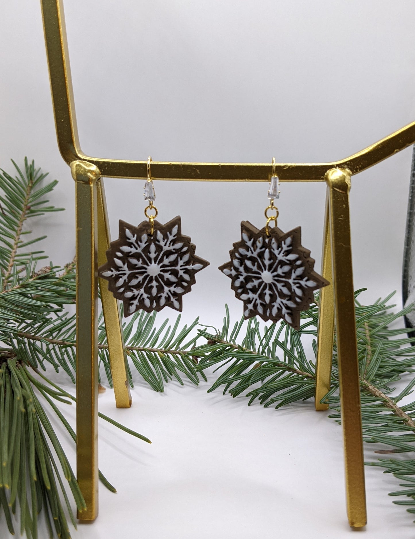 Gingerbread Snowflake Earrings with Gold Bow