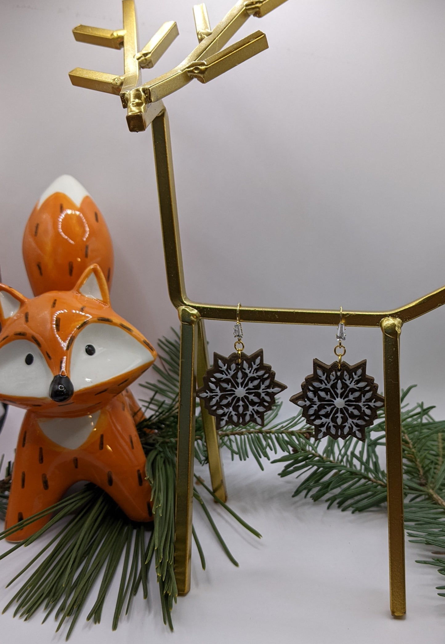 Gingerbread Snowflake Earrings with Gold Bow