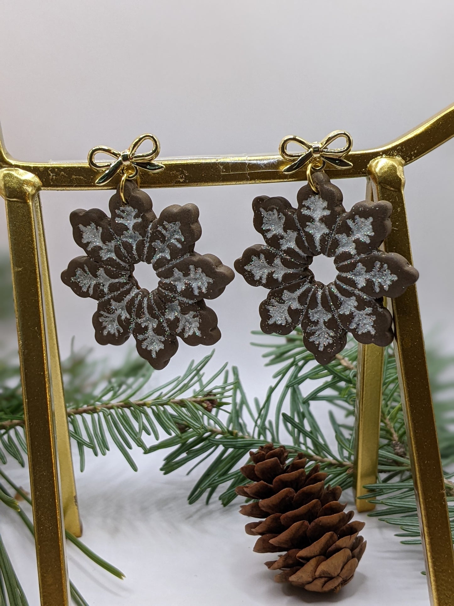 Gingerbread Snowflake Earrings with Gold Bow