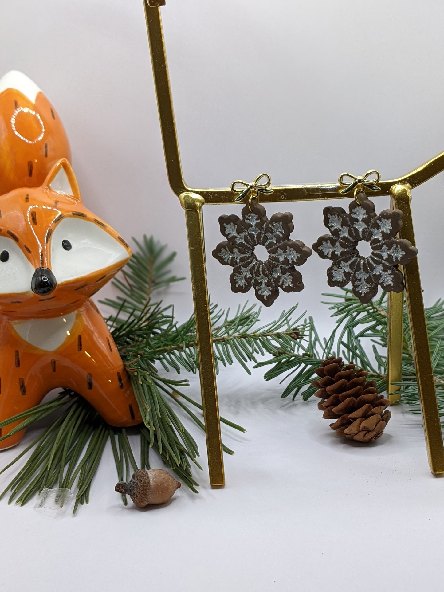 Gingerbread Snowflake Earrings with Gold Bow