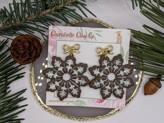 Gingerbread Snowflake Earrings with Gold Bow