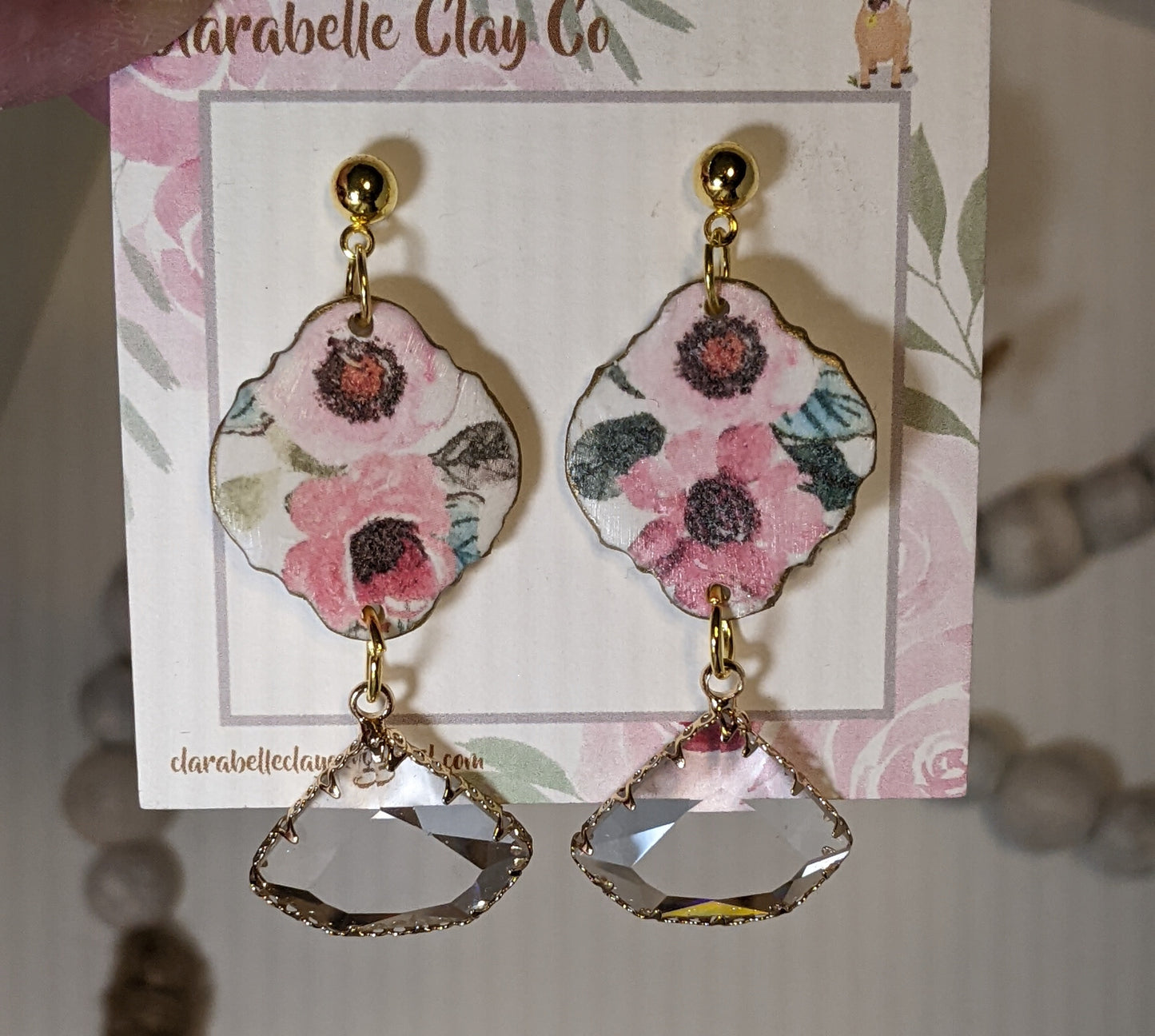 Floral Printed Dangle Earrings with Crystal Charm