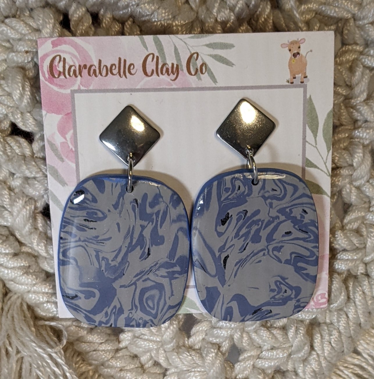 Wide Oval Blue and Grey Marble Print Earrings