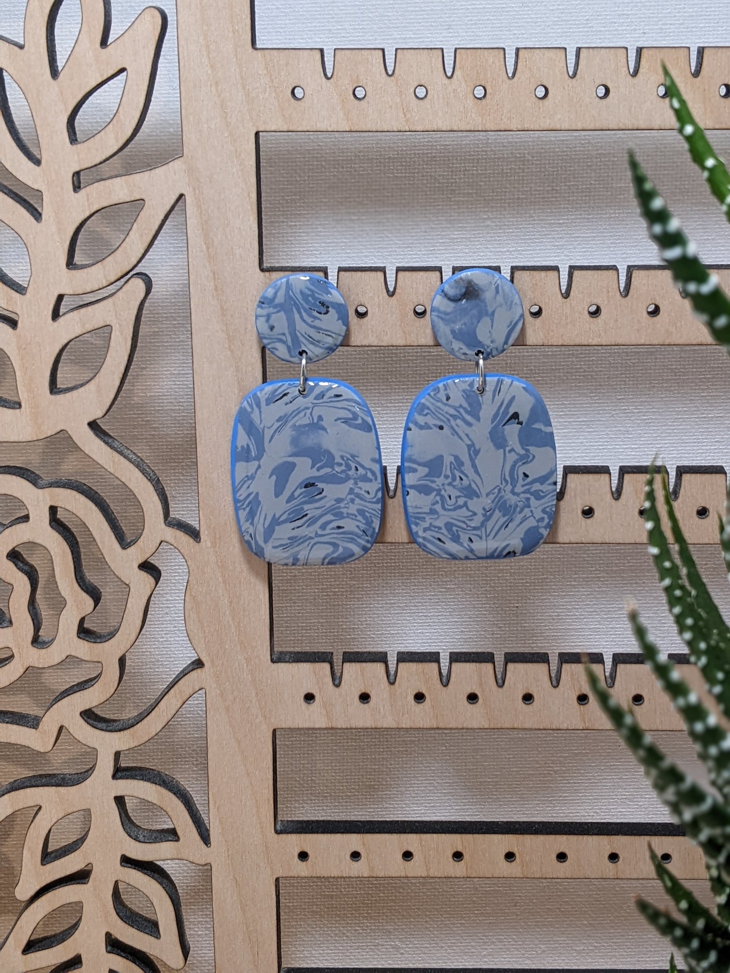 Wide oval Blue and Grey Marble Print Earrings